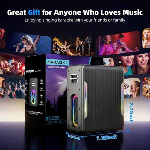 Karaoke Machine w/ 2 Wireless Microphones Portable Bluetooth Speaker Autotune - Picture 2 of 7